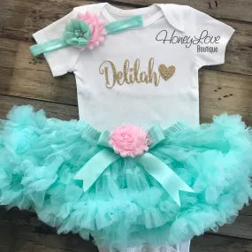 PERSONALIZED Name Outfit - Mint/Aqua and Gold Glitter - Light Pink shabby flower embellished pettiskirt