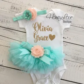 PERSONALIZED Name Outfit - Mint/Aqua and Gold Glitter - Peach flower embellished tutu skirt bloomers