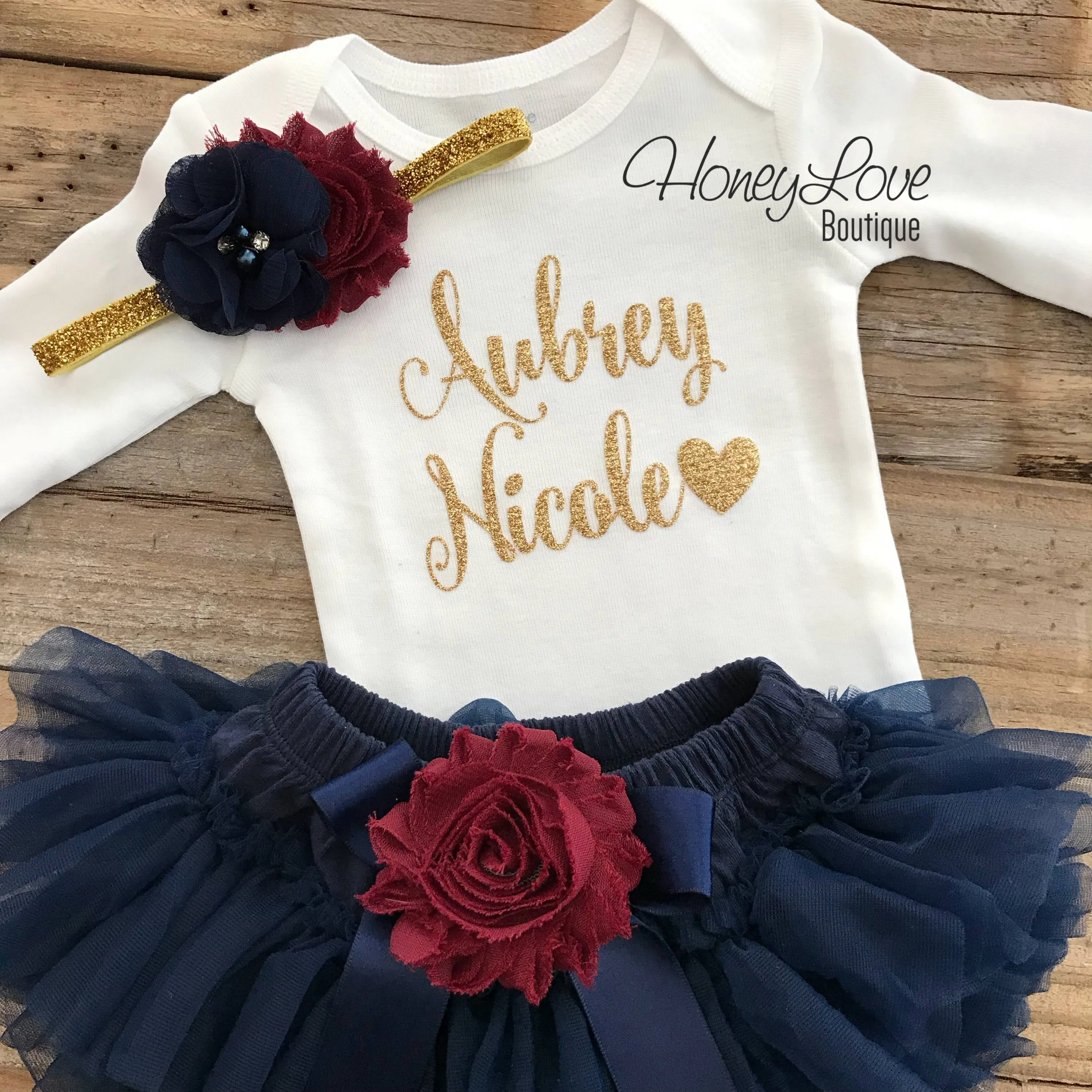 PERSONALIZED Name Outfit - Navy Blue and Gold Glitter - Maroon/Burgundy flower embellished tutu skirt bloomers