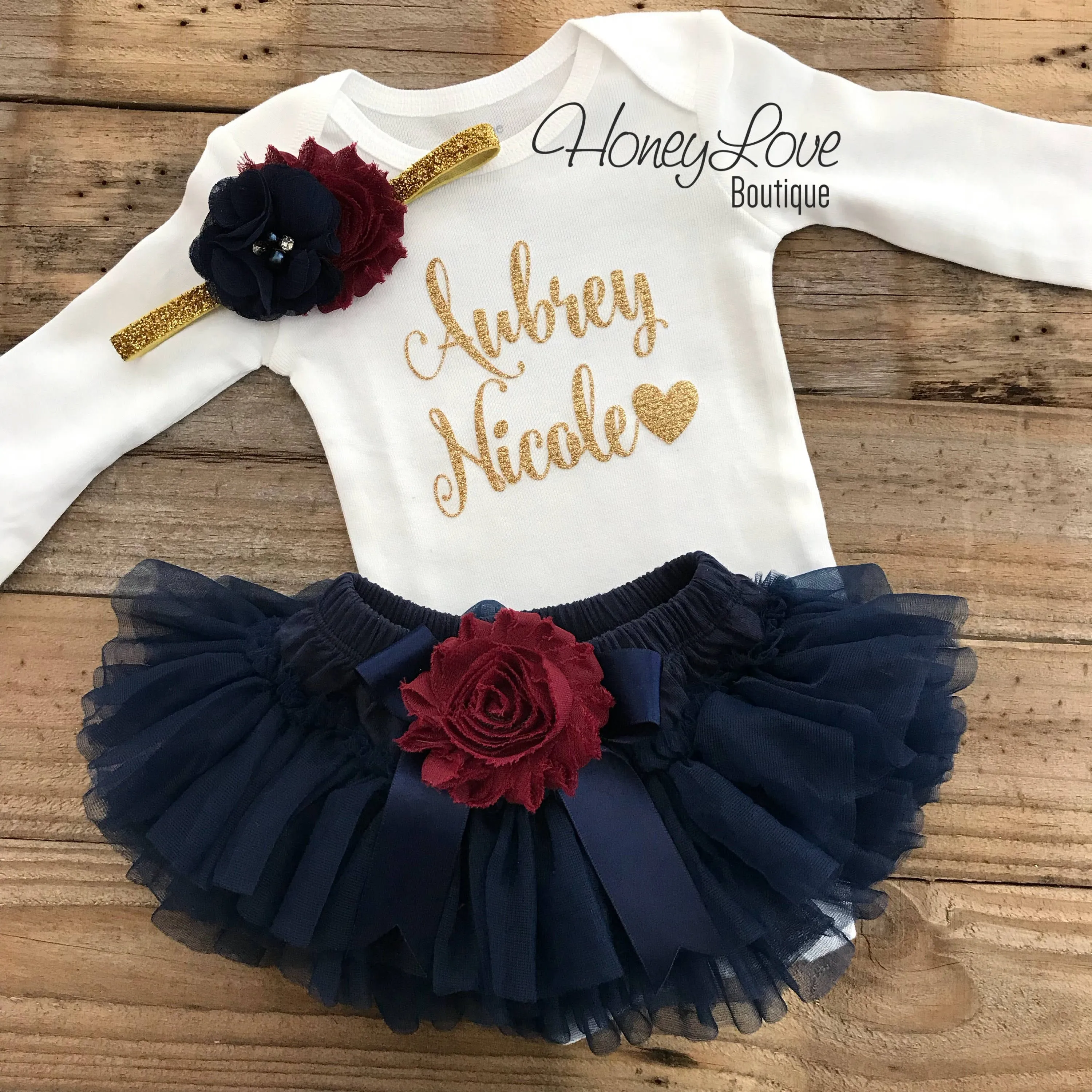 PERSONALIZED Name Outfit - Navy Blue and Gold Glitter - Maroon/Burgundy flower embellished tutu skirt bloomers