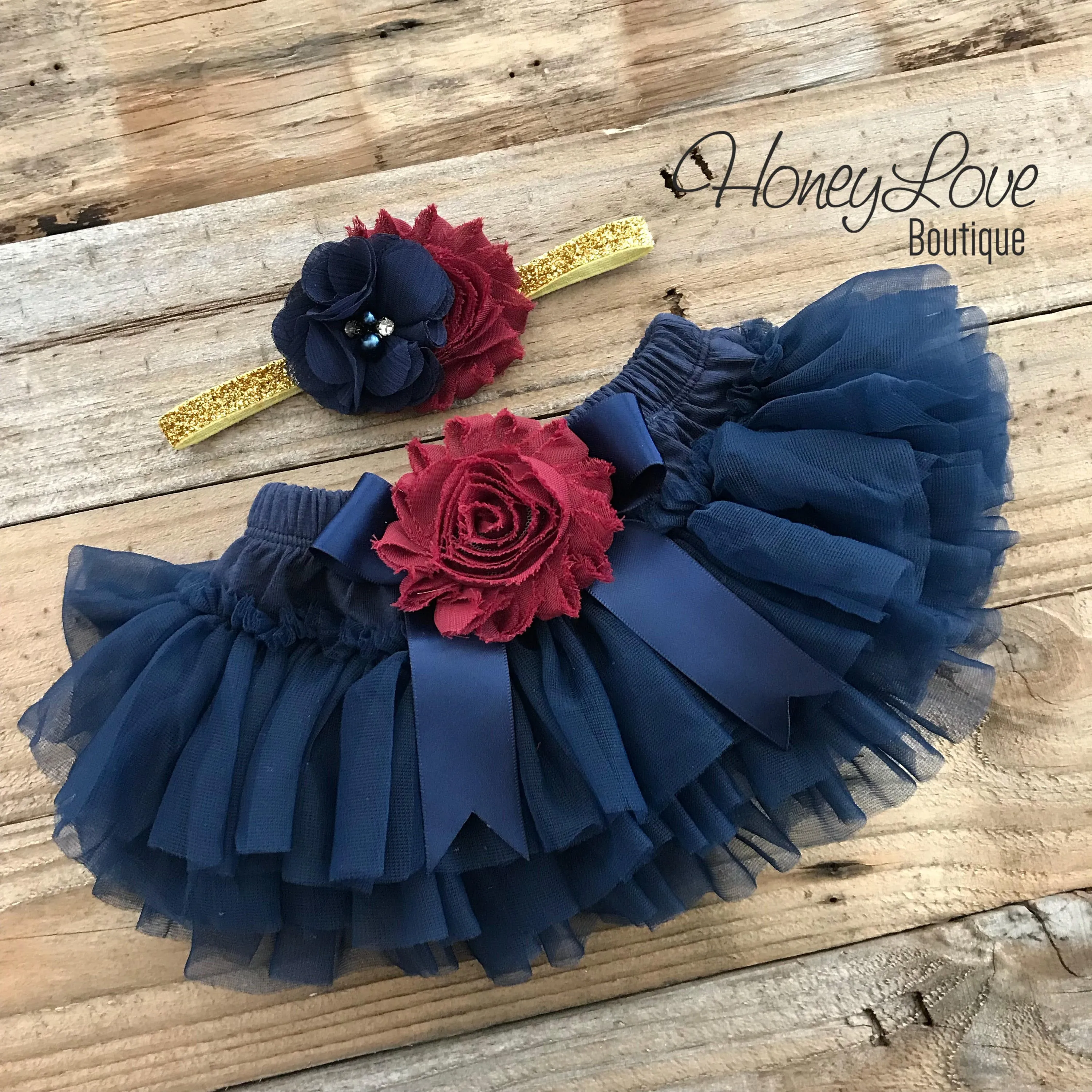 PERSONALIZED Name Outfit - Navy Blue and Gold Glitter - Maroon/Burgundy flower embellished tutu skirt bloomers