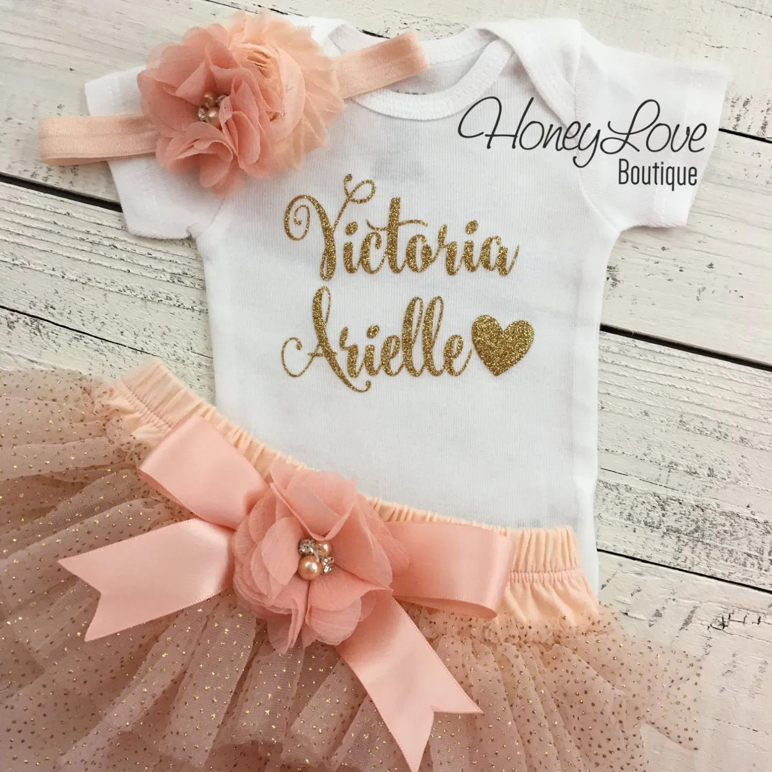 PERSONALIZED Name Outfit - Peach and Gold Glitter - embellished bloomer