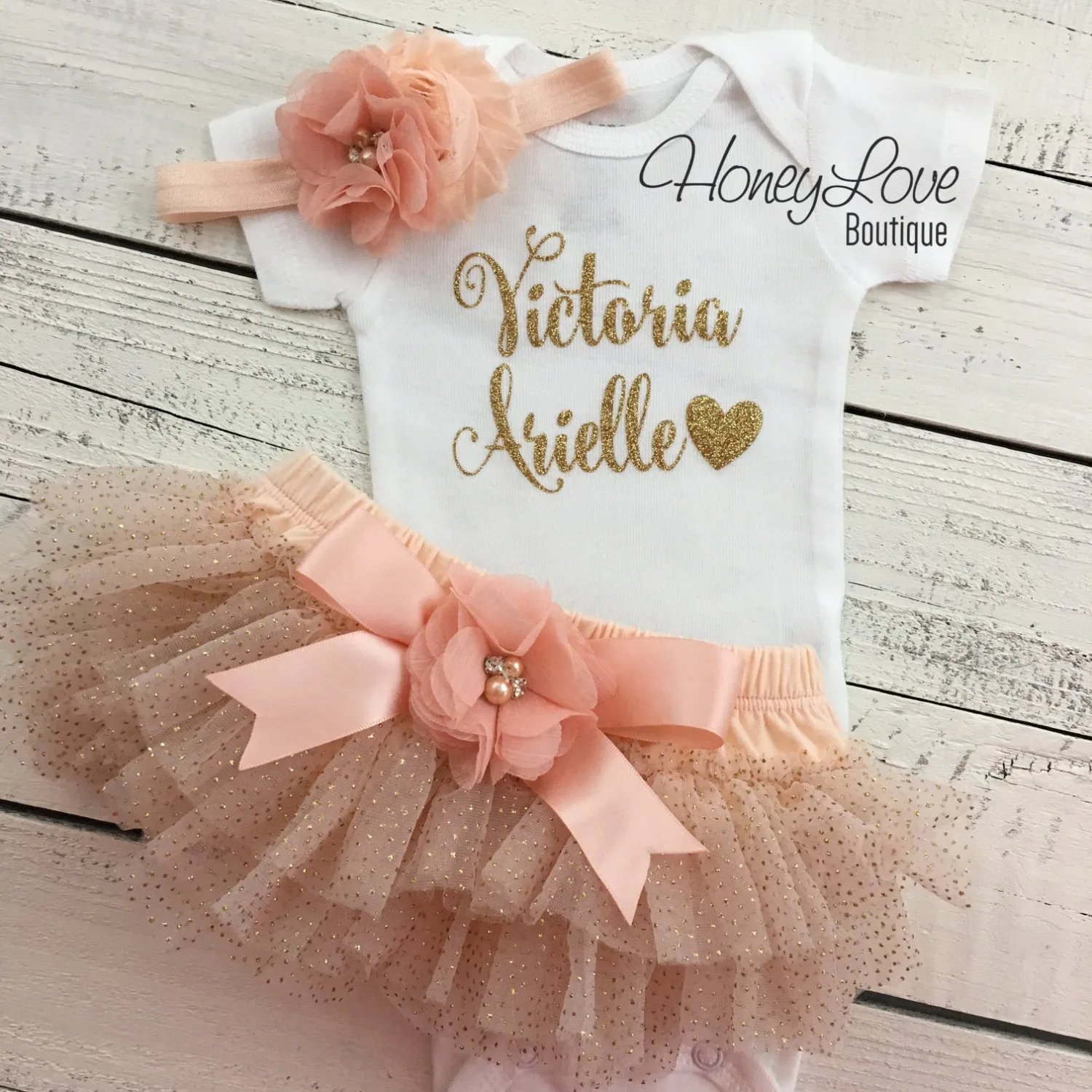 PERSONALIZED Name Outfit - Peach and Gold Glitter - embellished bloomer