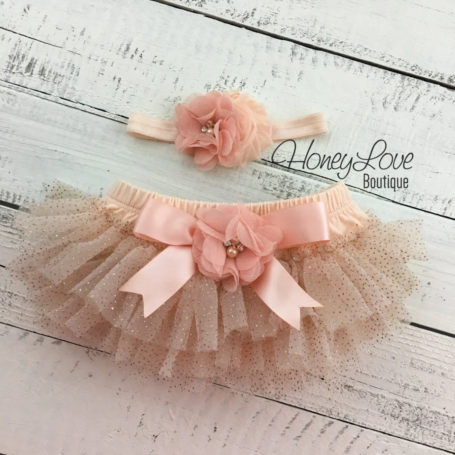 PERSONALIZED Name Outfit - Peach and Gold Glitter - embellished bloomer