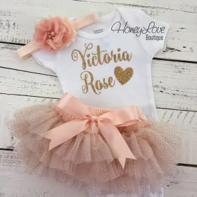 PERSONALIZED Name Outfit - Peach and Gold Glitter