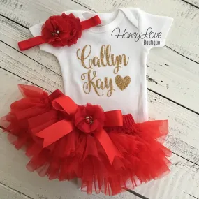 PERSONALIZED Name Outfit - Red and Gold Glitter - Red flower embellished tutu skirt bloomers