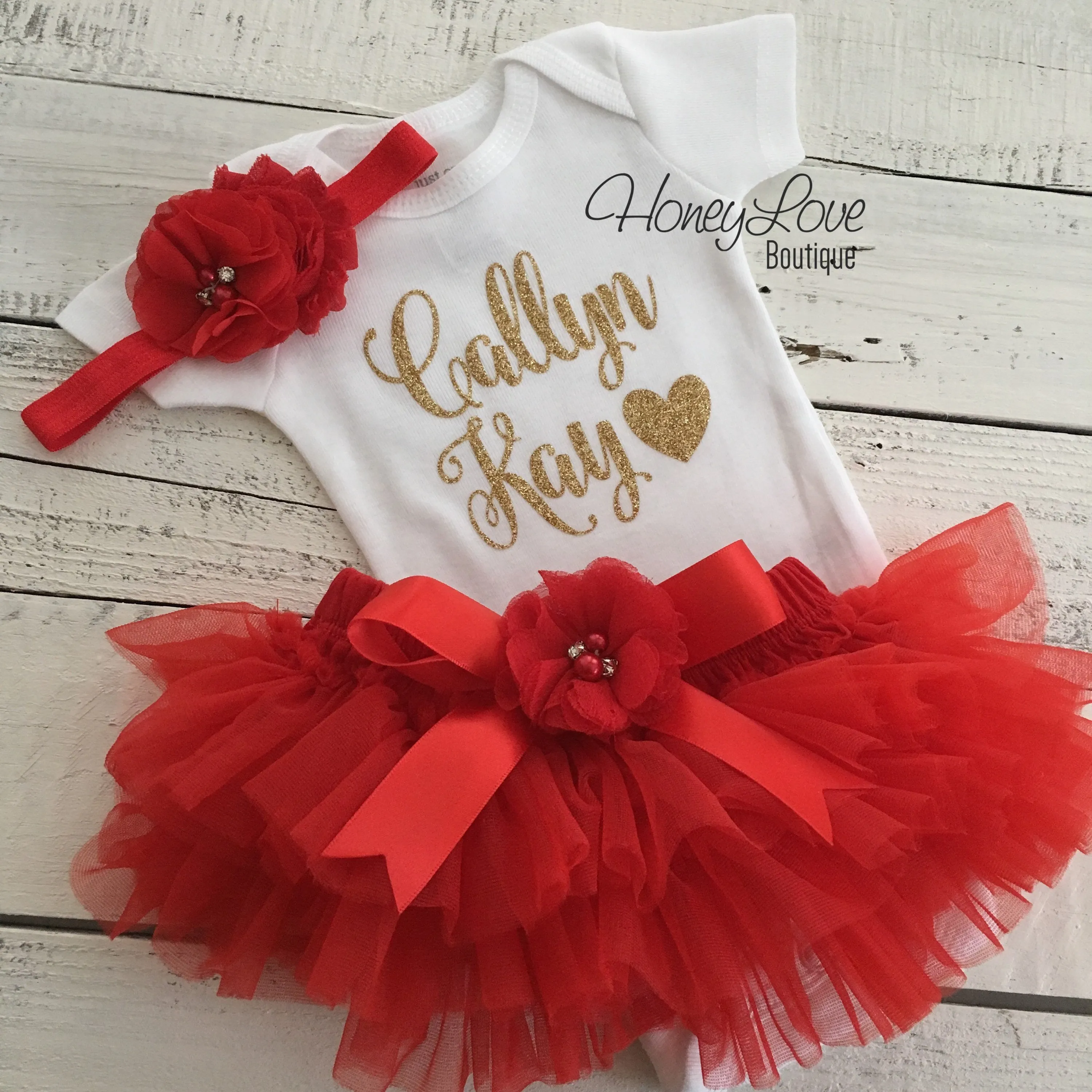 PERSONALIZED Name Outfit - Red and Gold Glitter - Red flower embellished tutu skirt bloomers