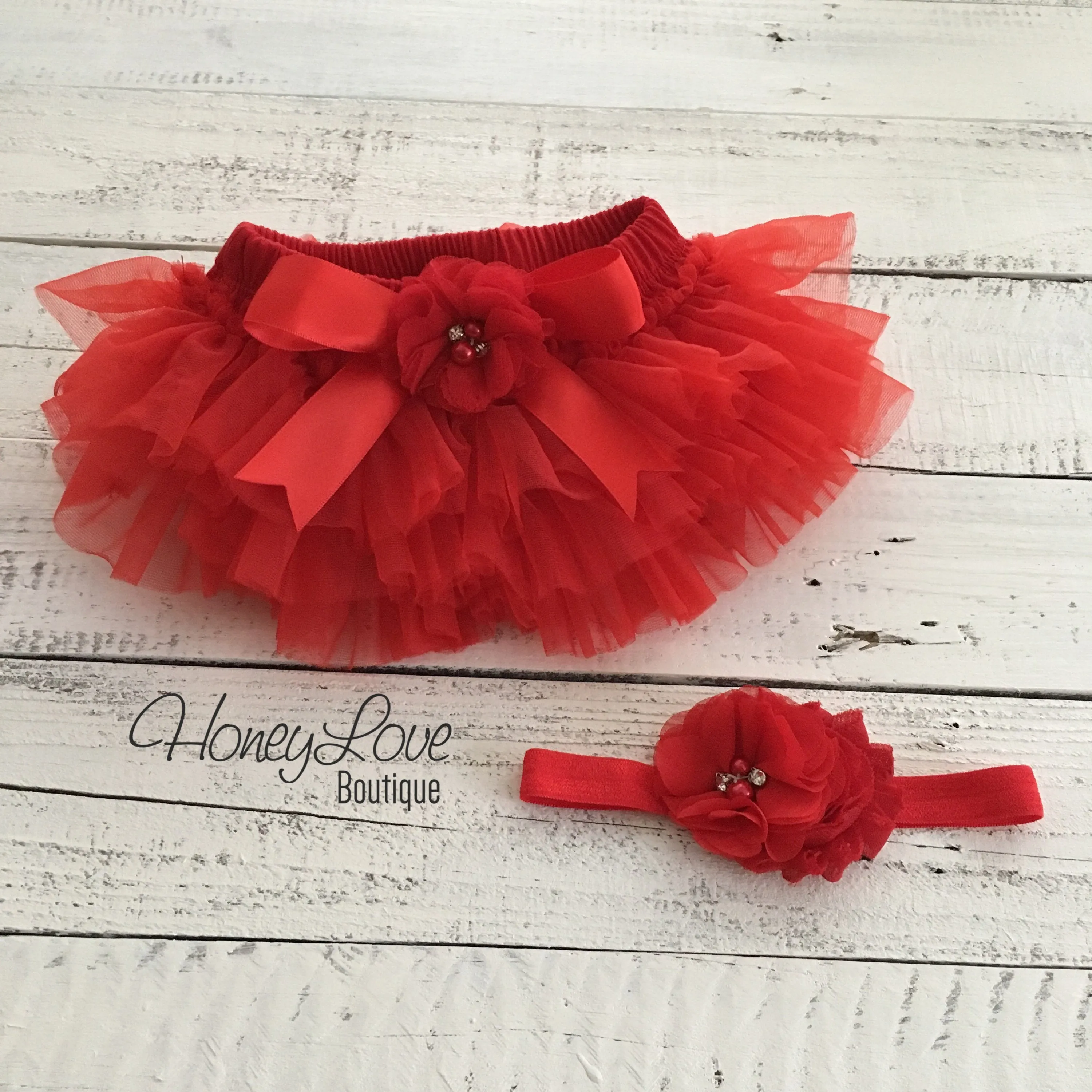 PERSONALIZED Name Outfit - Red and Gold Glitter - Red flower embellished tutu skirt bloomers