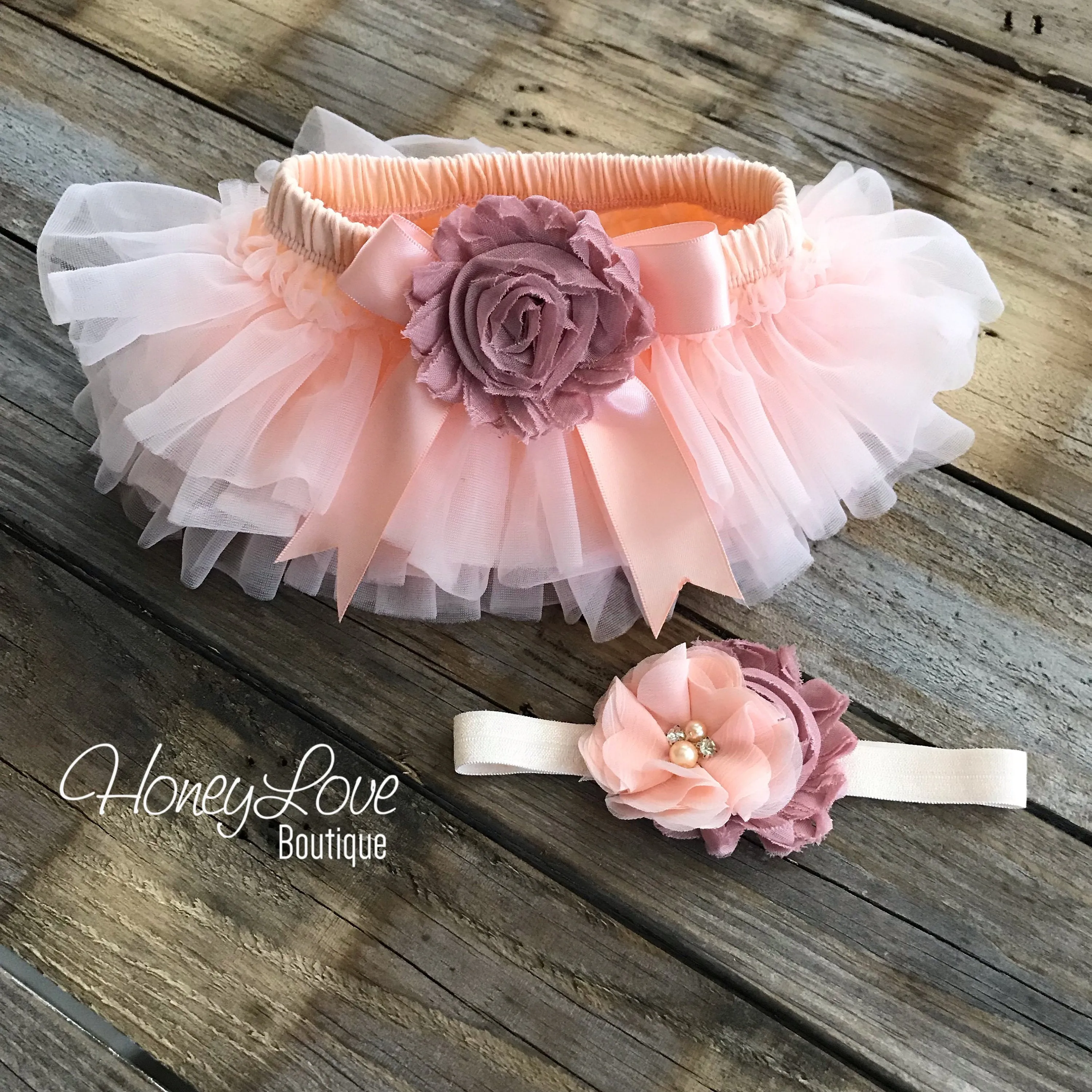 PERSONALIZED Name Outfit - Rose Gold glitter and Peach/Vintage Pink - embellished tutu skirt bloomers