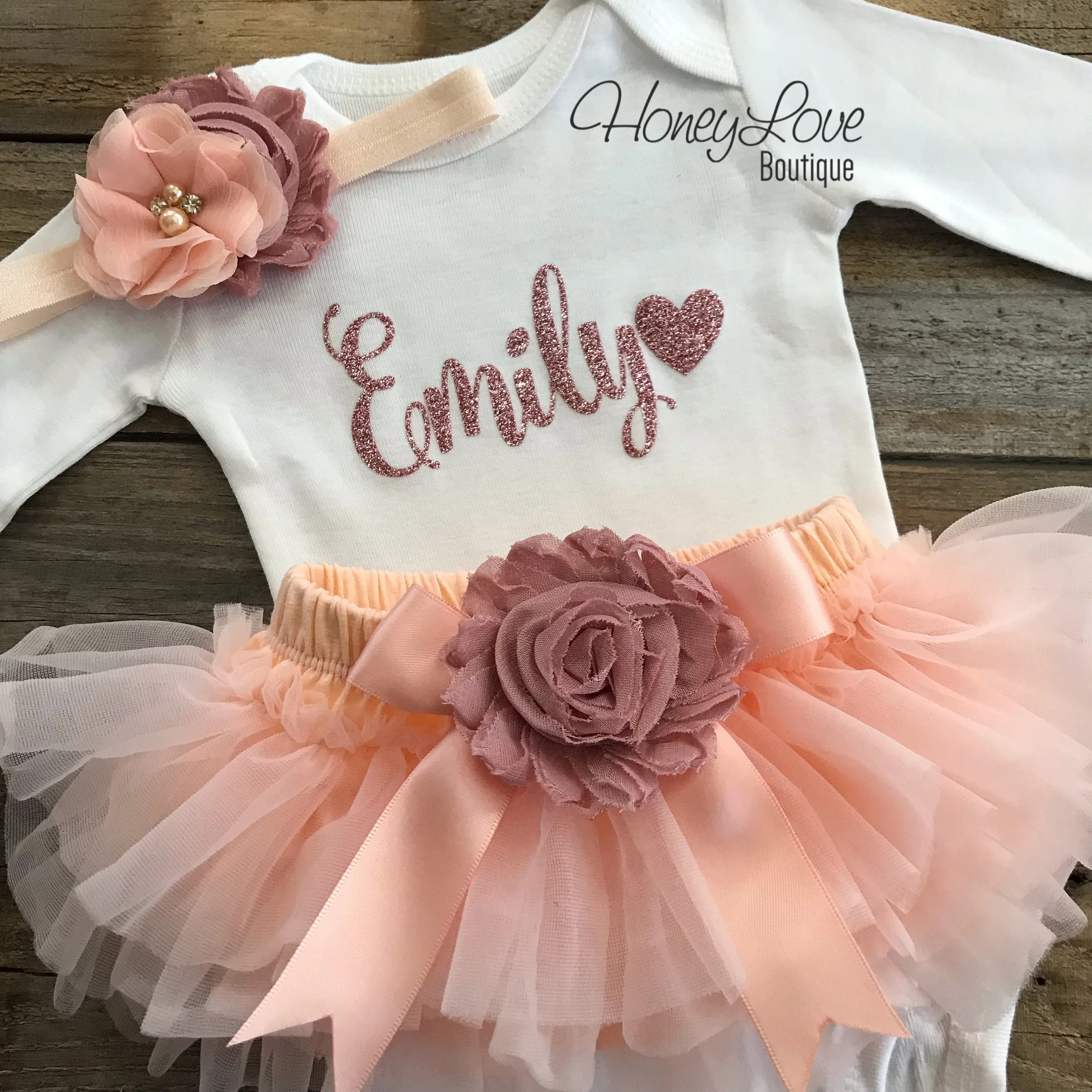 PERSONALIZED Name Outfit - Rose Gold glitter and Peach/Vintage Pink - embellished tutu skirt bloomers