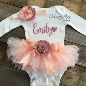 PERSONALIZED Name Outfit - Rose Gold glitter and Peach/Vintage Pink - embellished tutu skirt bloomers