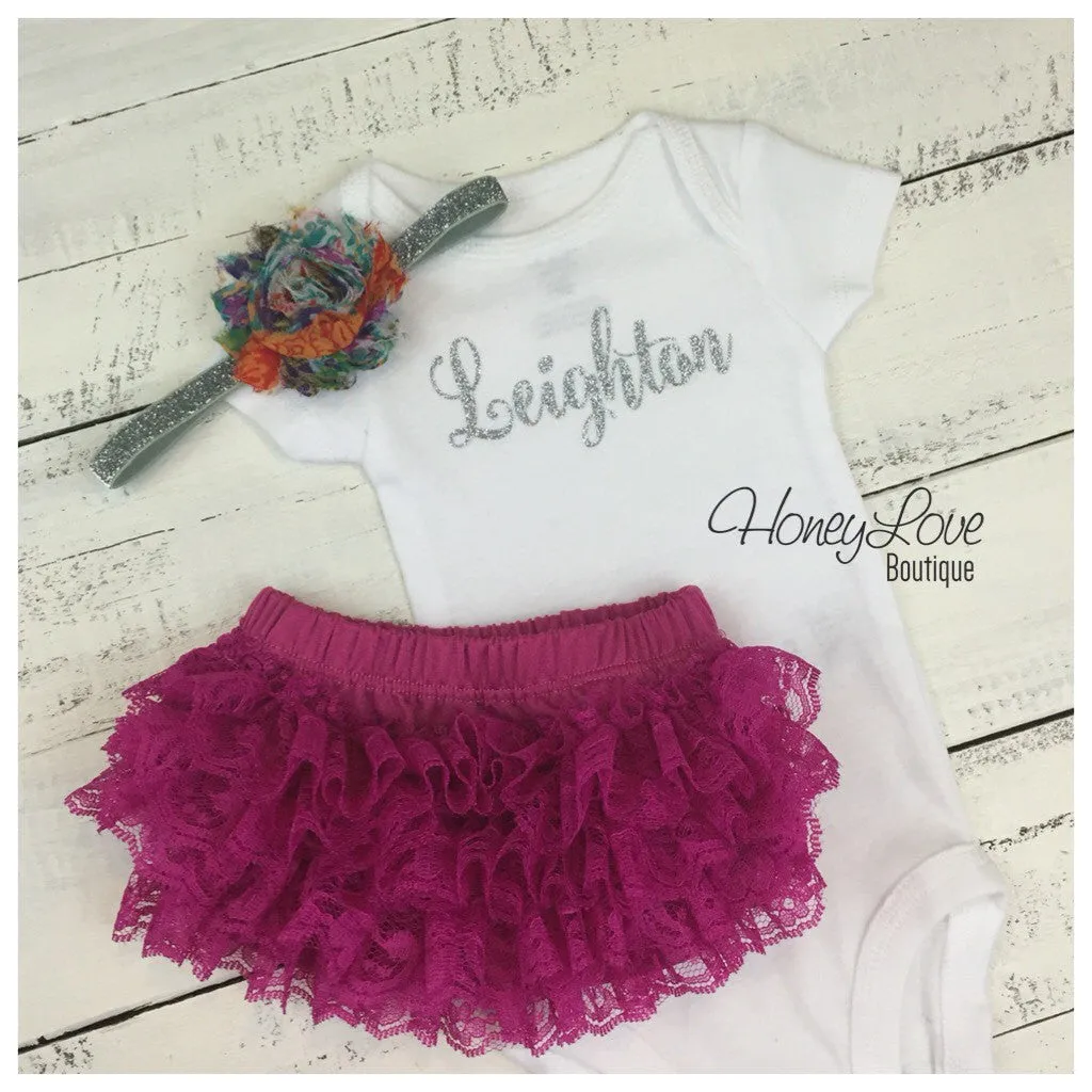 Personalized name outfit - Silver/Gold glitter and plum lace bloomers