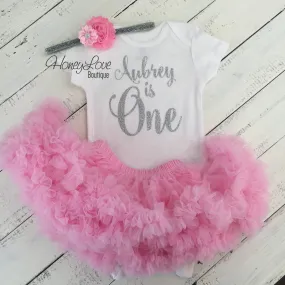 Personalized Name "is One" - 1st Birthday Outfit - Light Pink and Silver/Gold Glitter