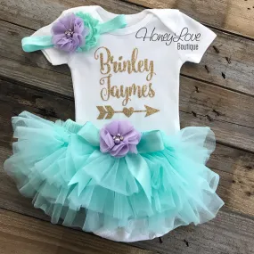 PERSONALIZED Name with Arrow - Gold Glitter, Mint/Aqua and Lavender Purple