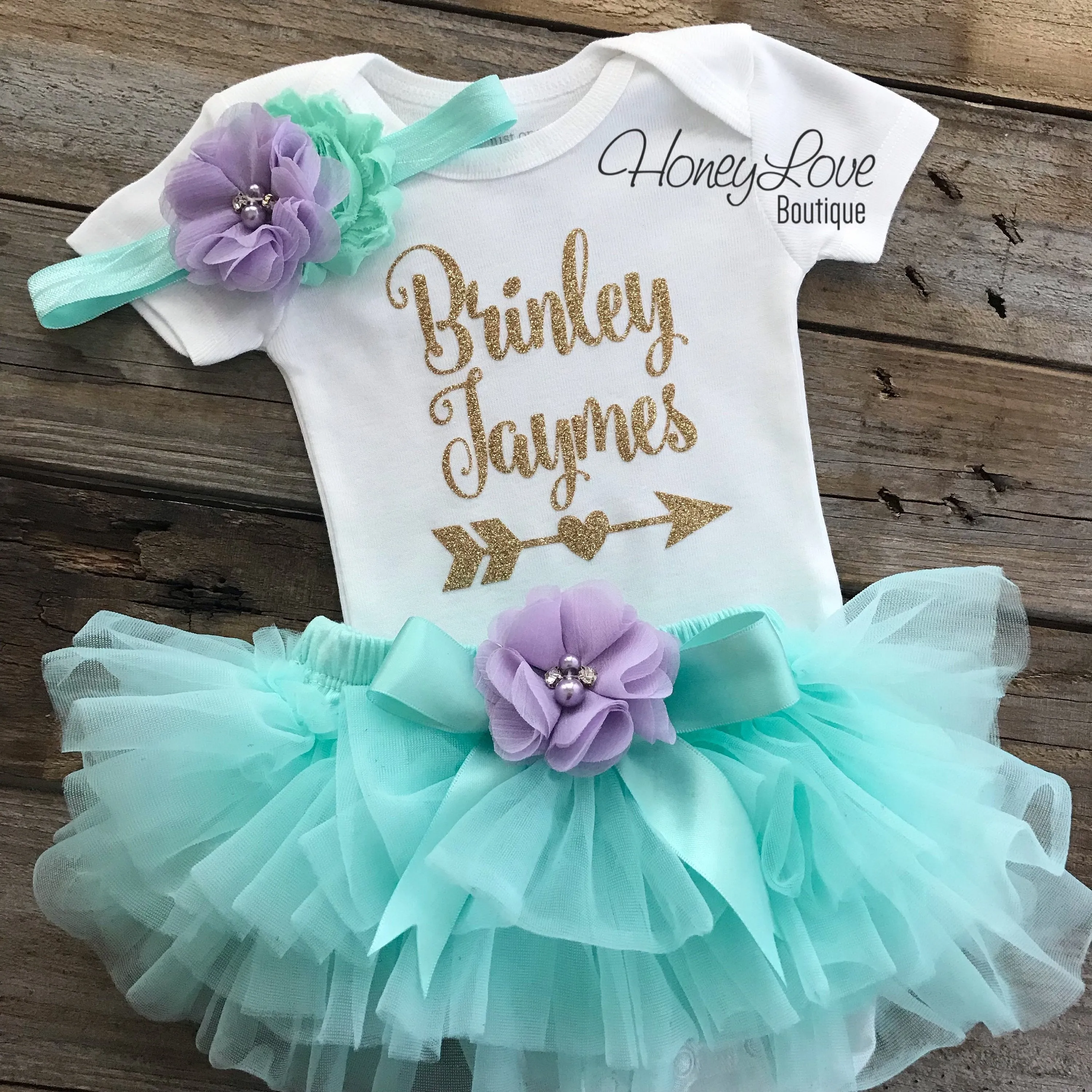 PERSONALIZED Name with Arrow - Gold Glitter, Mint/Aqua and Lavender Purple