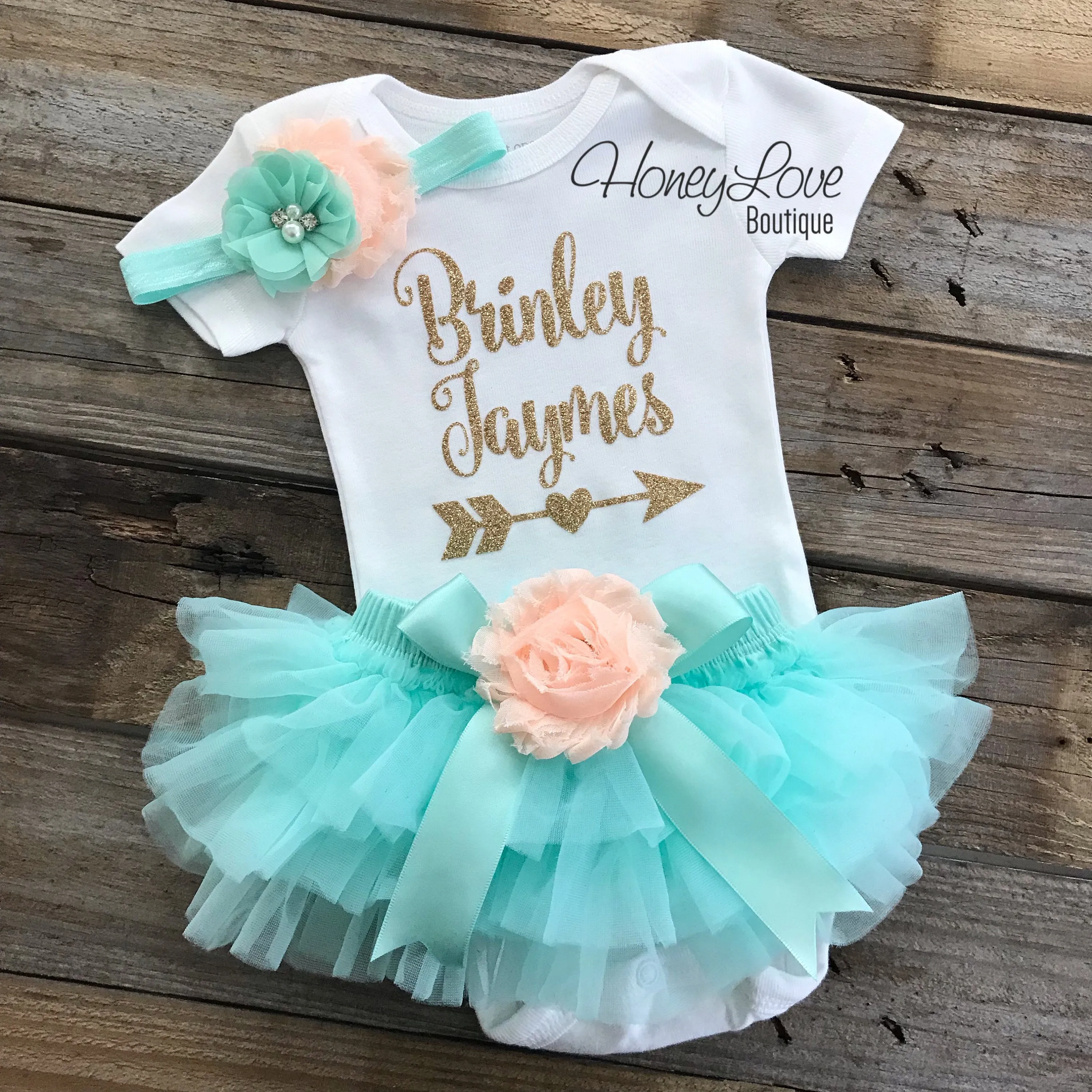 PERSONALIZED Name with Arrow - Gold Glitter, Mint/Aqua and Peach