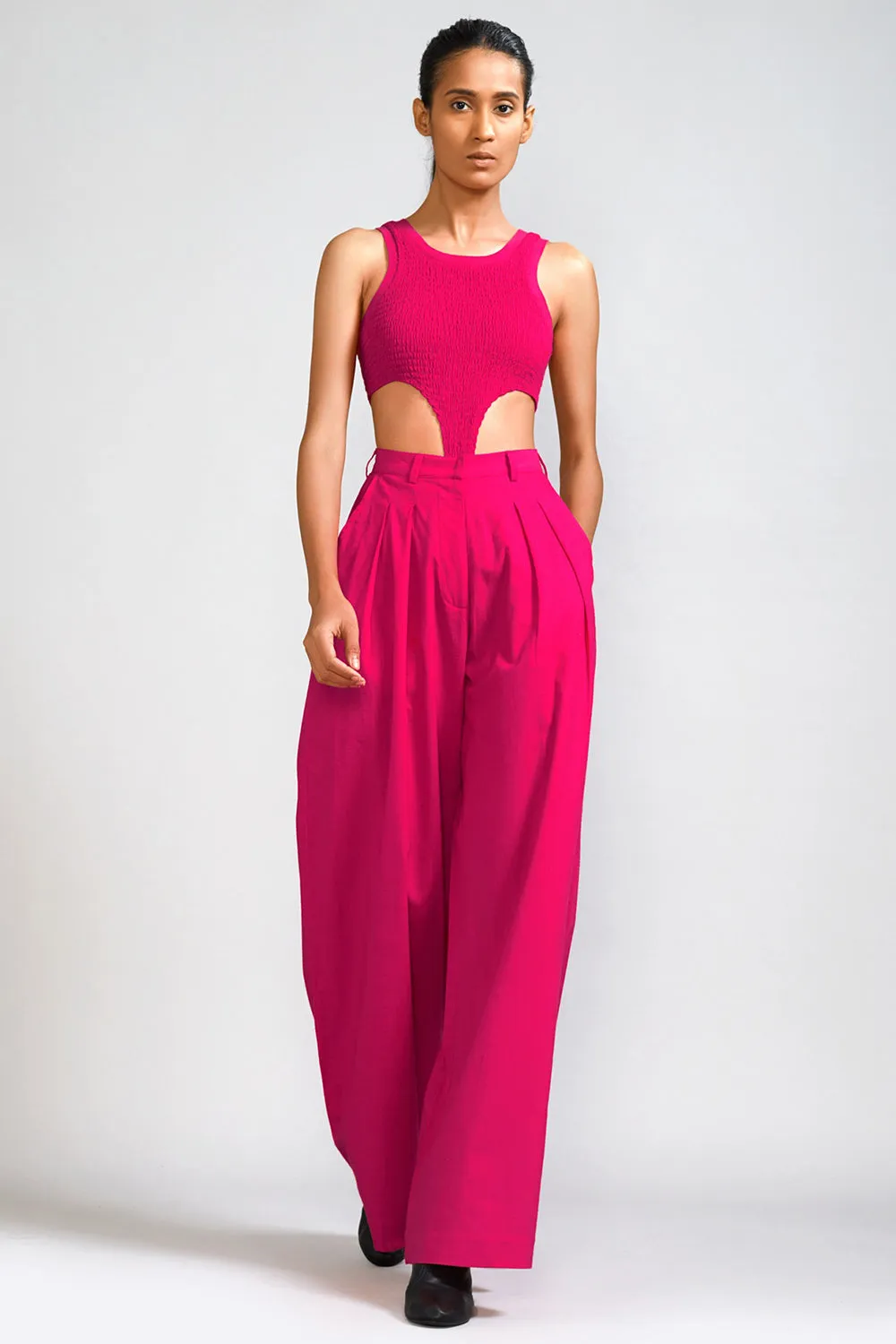 Pink Cotton Pleated Pant Set