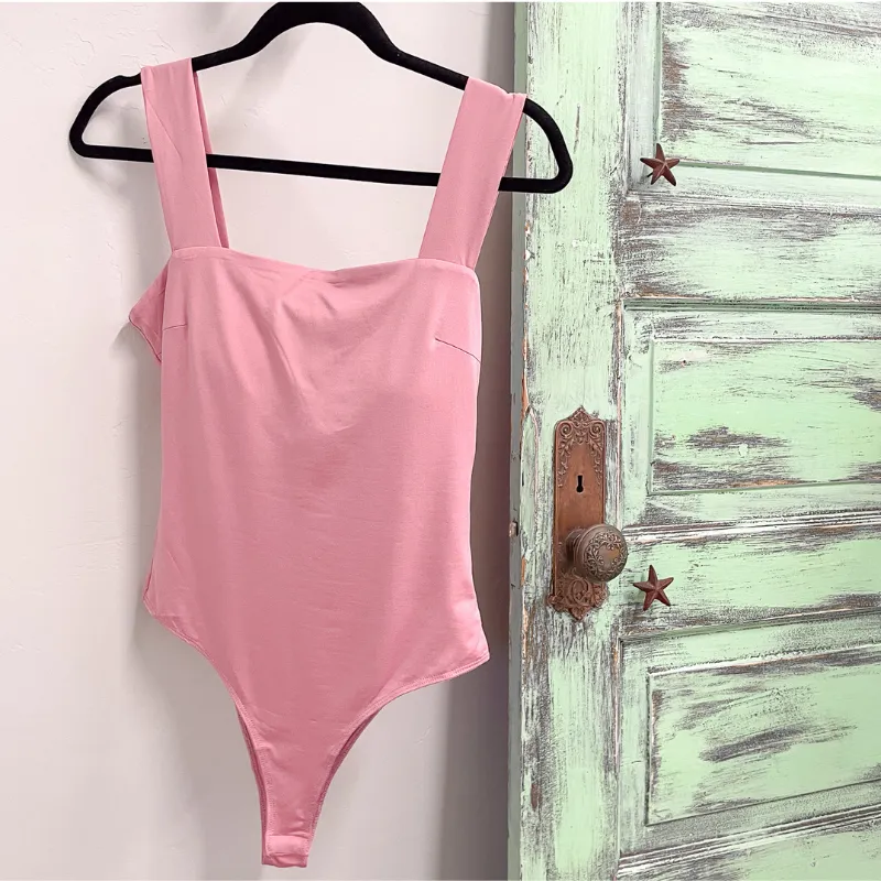 Pink Square Neck Wide Strap Bodysuit