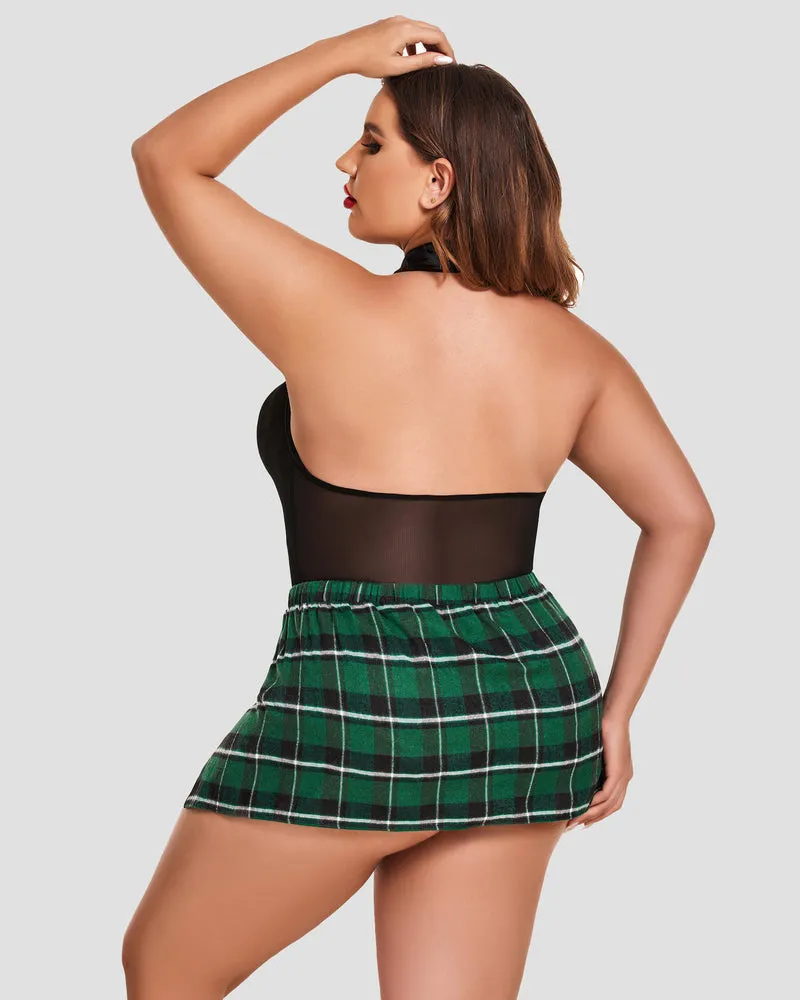 Plus Size Bodysuit Plaid Skirt with Tie Halter