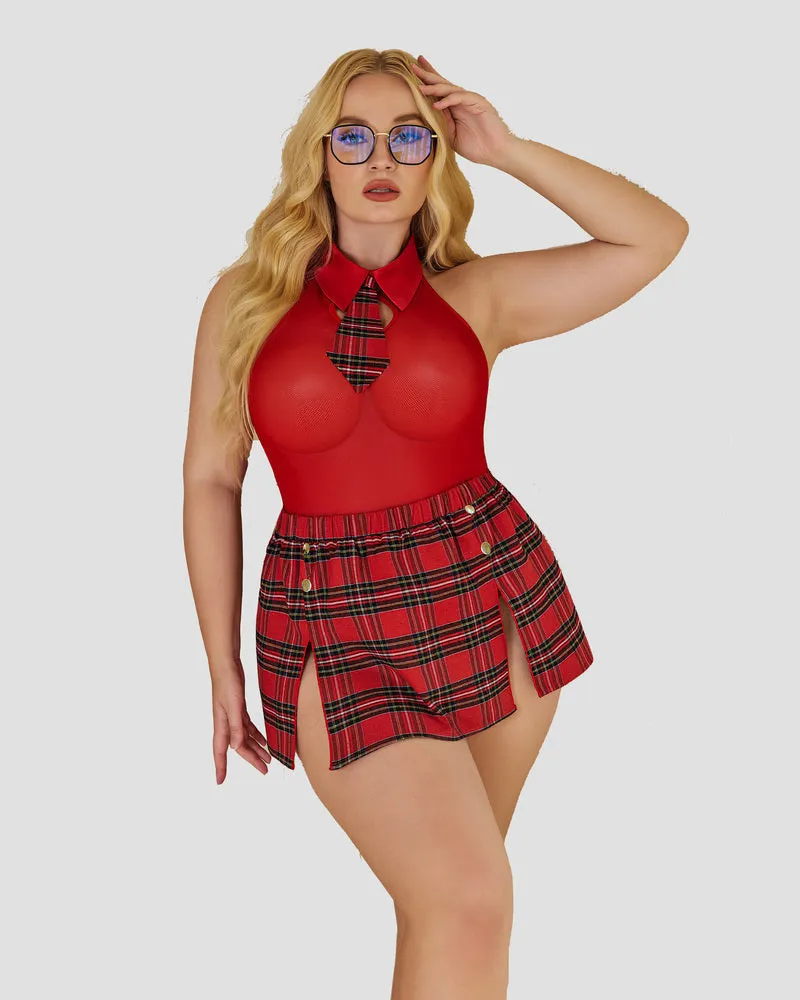 Plus Size Bodysuit Plaid Skirt with Tie Halter