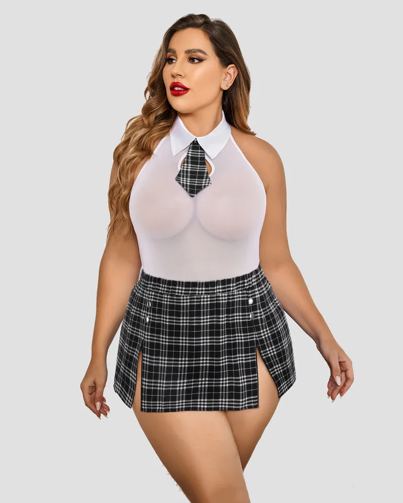 Plus Size Bodysuit Plaid Skirt with Tie Halter