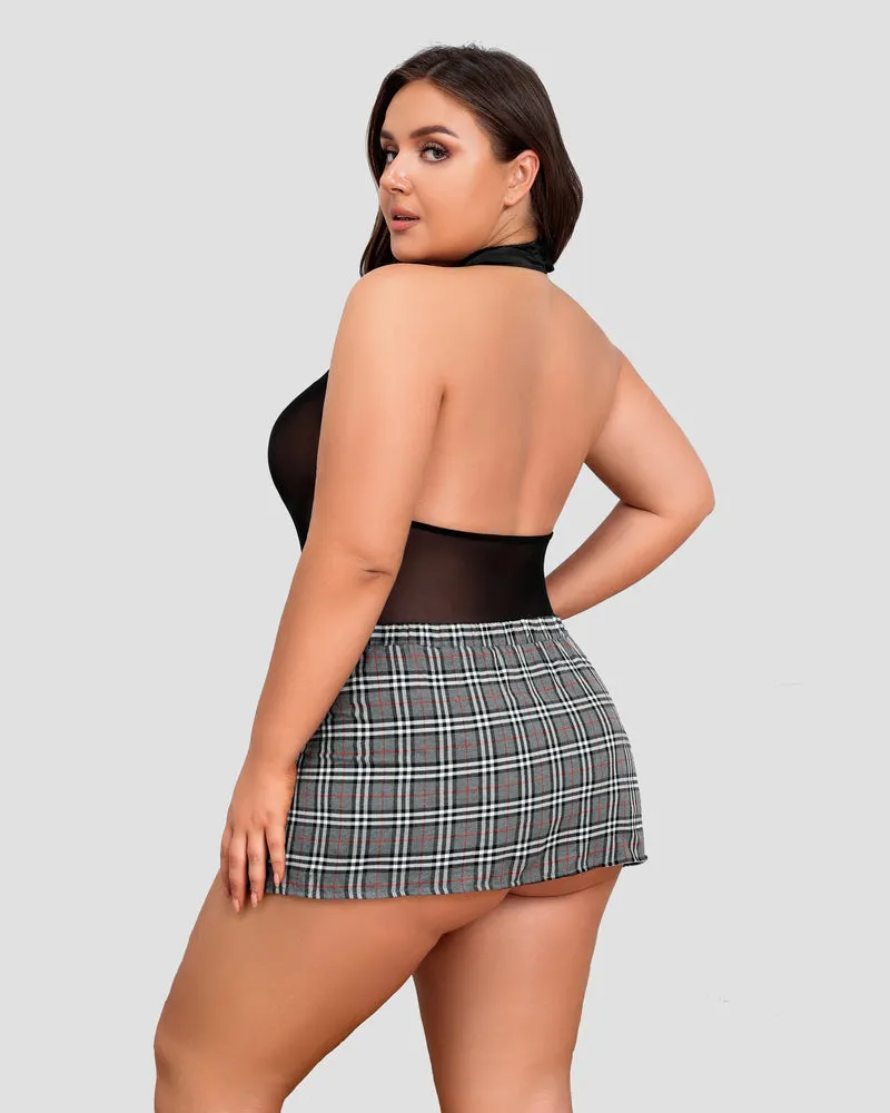 Plus Size Bodysuit Plaid Skirt with Tie Halter