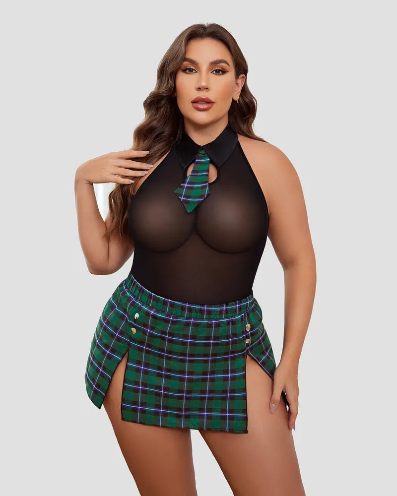 Plus Size Bodysuit Plaid Skirt with Tie Halter