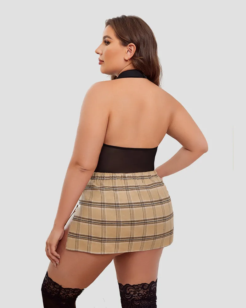 Plus Size Bodysuit Plaid Skirt with Tie Halter