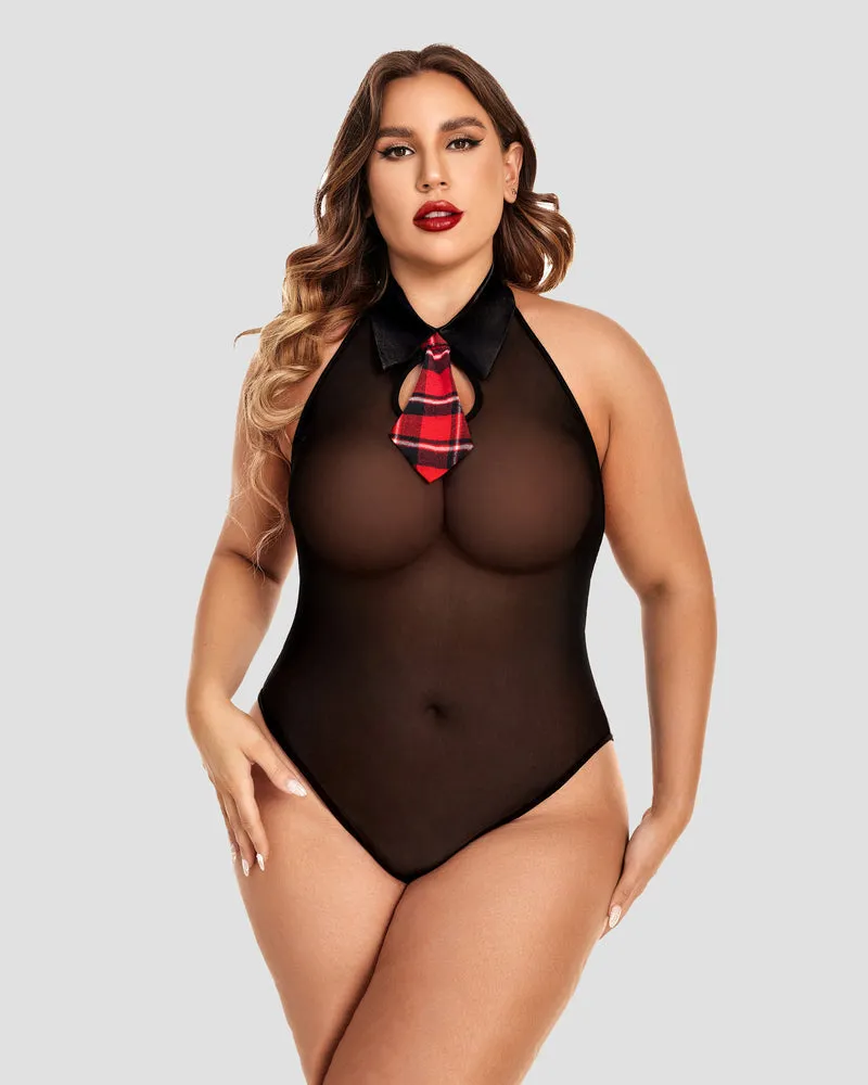 Plus Size Bodysuit Plaid Skirt with Tie Halter