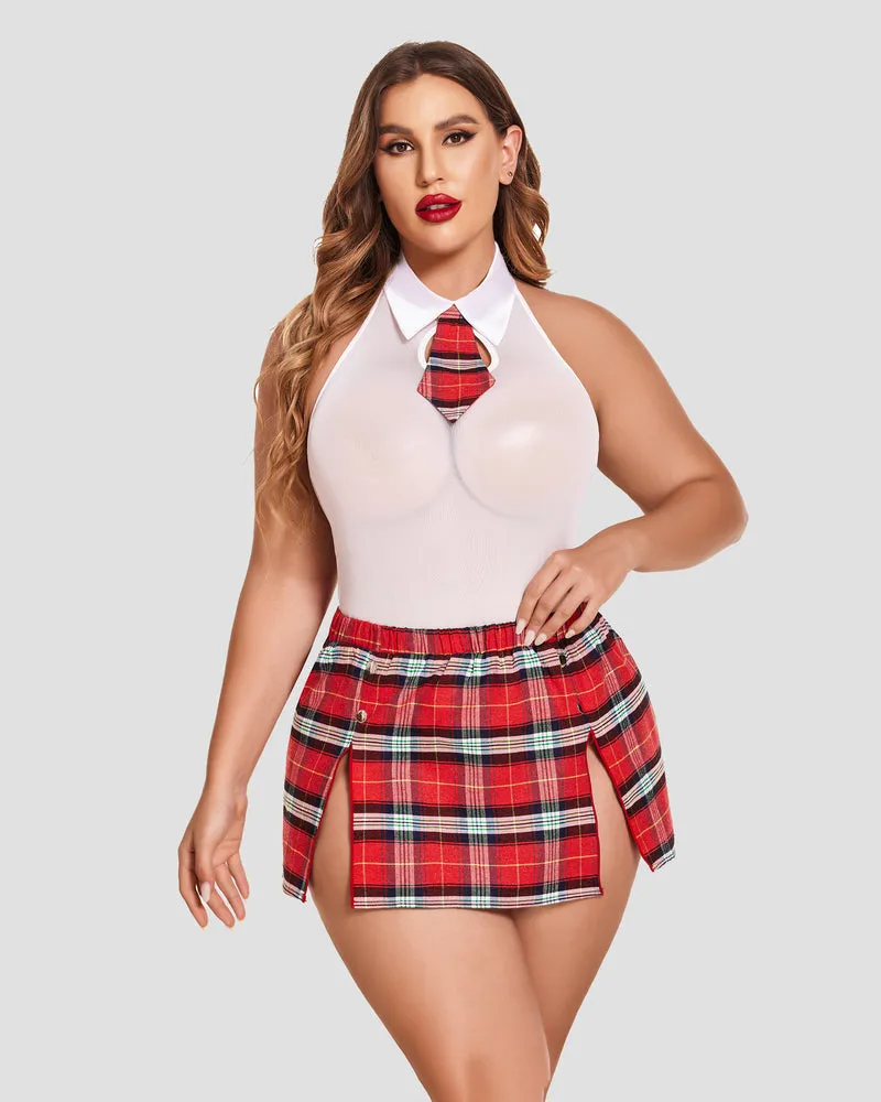 Plus Size Bodysuit Plaid Skirt with Tie Halter