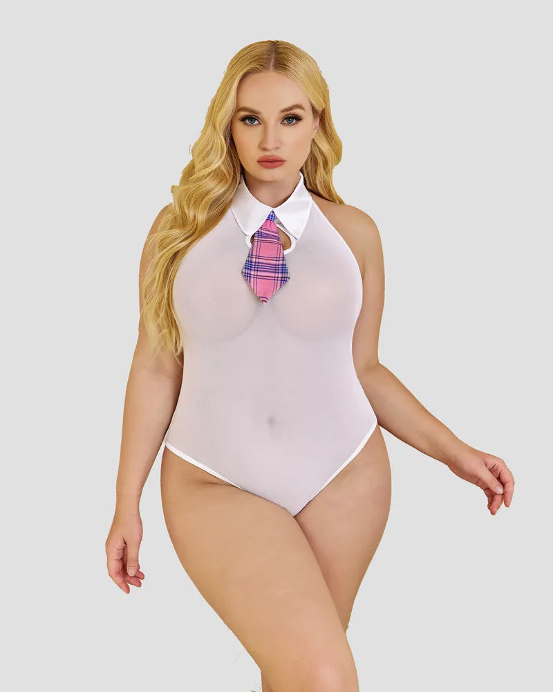 Plus Size Bodysuit Plaid Skirt with Tie Halter