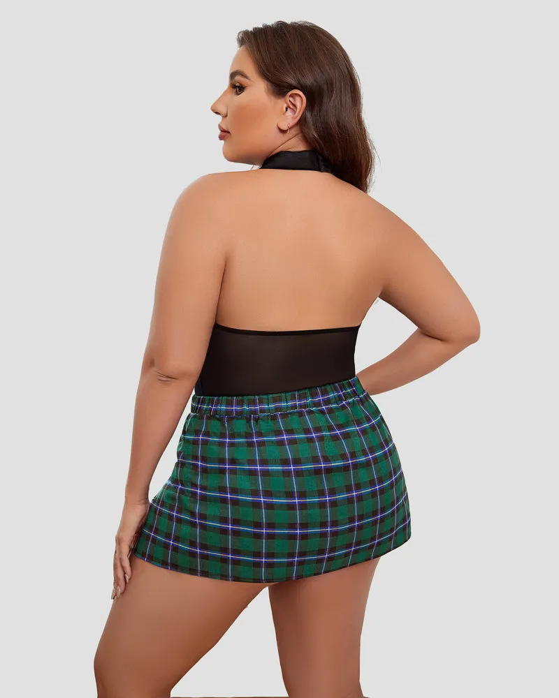 Plus Size Bodysuit Plaid Skirt with Tie Halter