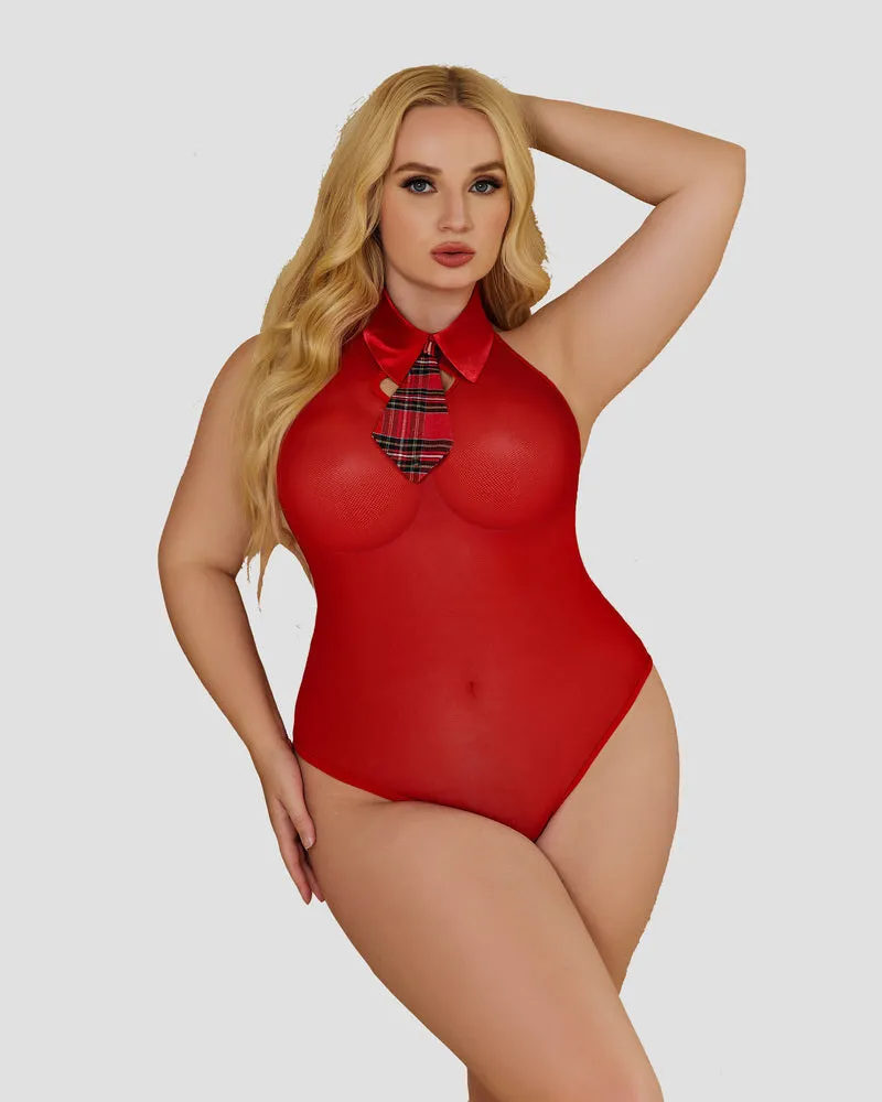 Plus Size Bodysuit Plaid Skirt with Tie Halter