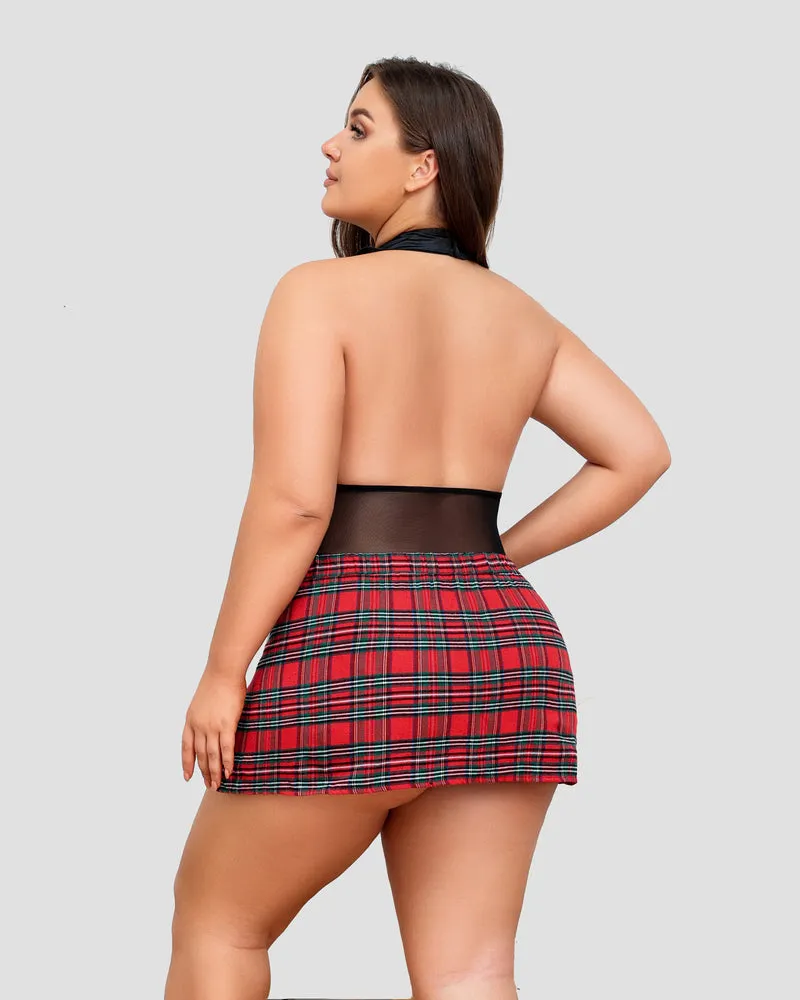 Plus Size Bodysuit Plaid Skirt with Tie Halter