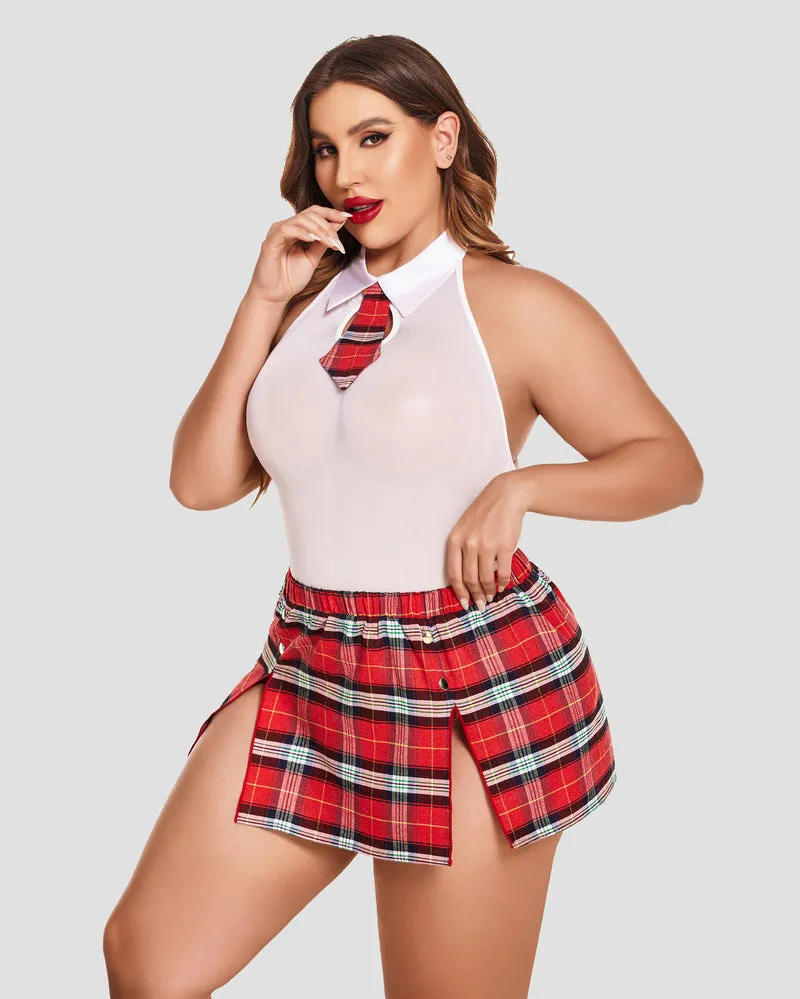 Plus Size Bodysuit Plaid Skirt with Tie Halter