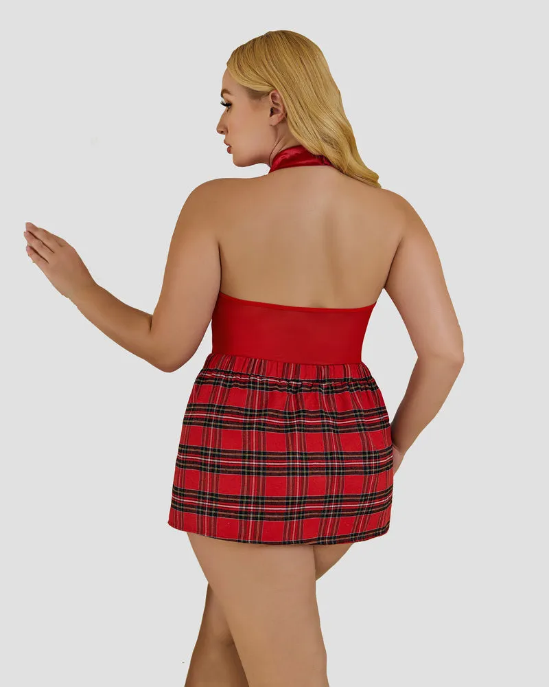 Plus Size Bodysuit Plaid Skirt with Tie Halter