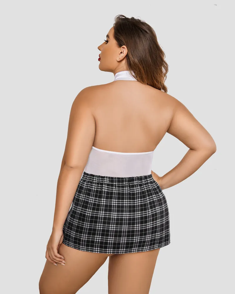 Plus Size Bodysuit Plaid Skirt with Tie Halter