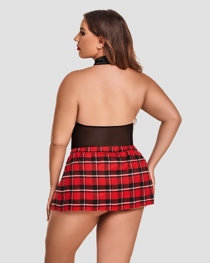 Plus Size Bodysuit Plaid Skirt with Tie Halter