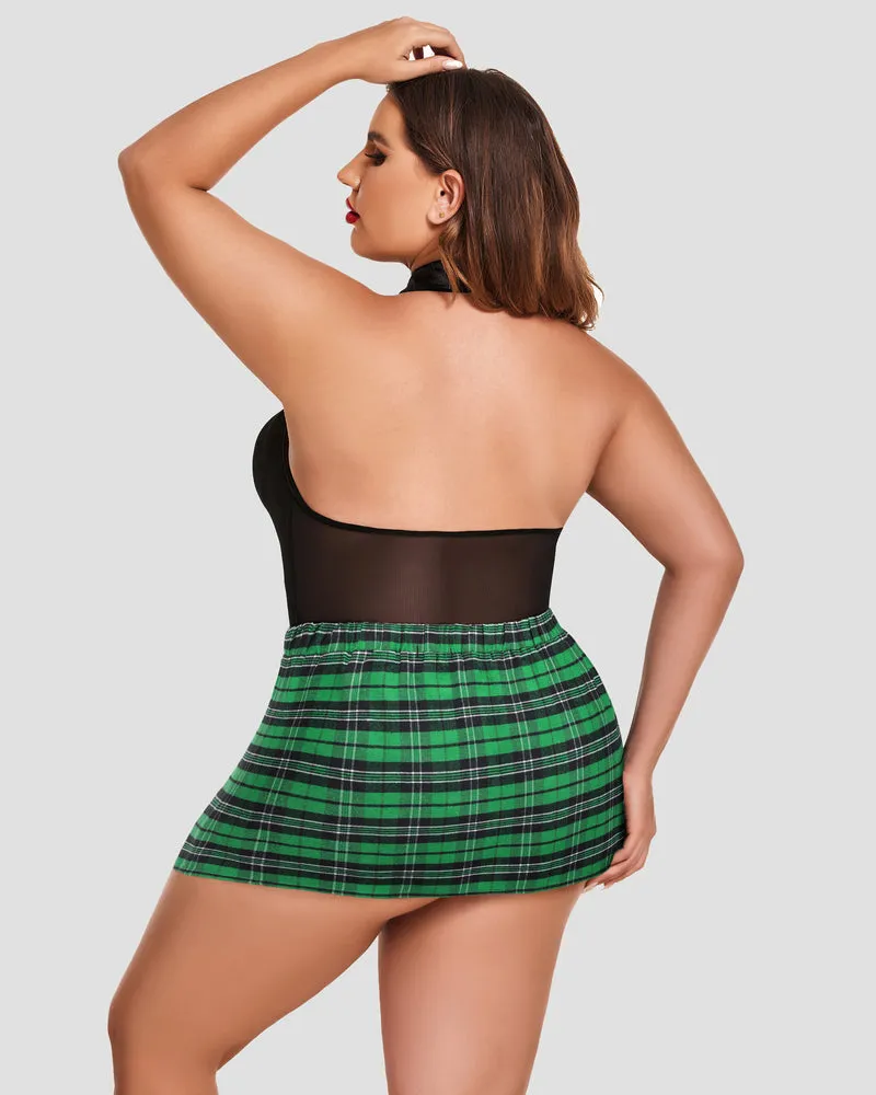 Plus Size Bodysuit Plaid Skirt with Tie Halter