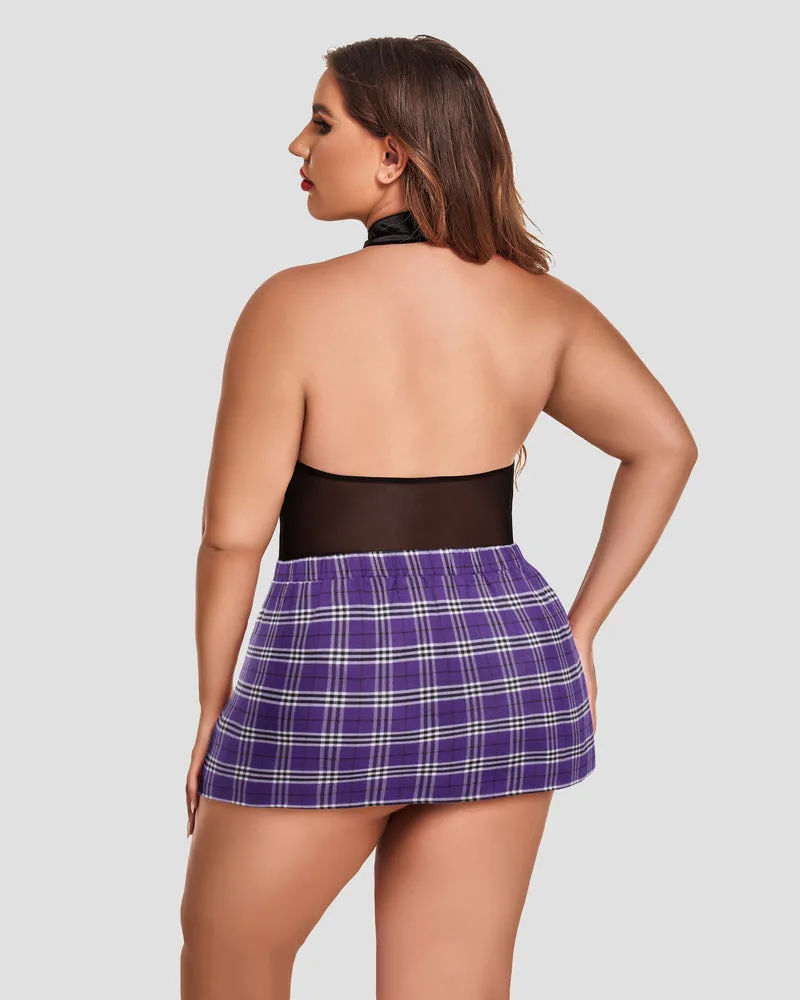 Plus Size Bodysuit Plaid Skirt with Tie Halter