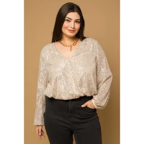 Plus Size Sequin Surplice Long Sleeve Bodysuit - Final Sale Item