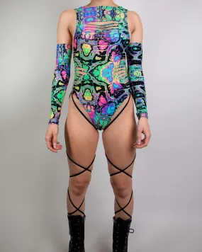 Prismatic Slit Sideboob Bodysuit with Leg Straps