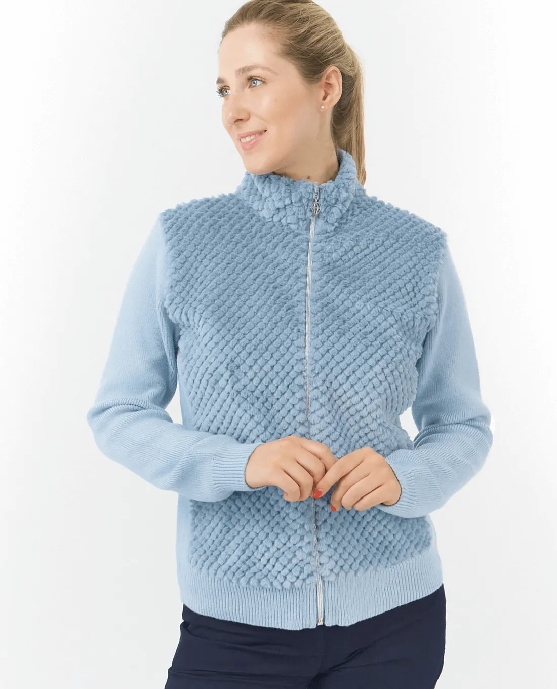 PURE GOLF Ellisa Knitted Zipped cardigan with faux fur front 508 Powder Blue