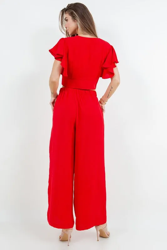 Red 2 Pcs Set Blouse And Pants