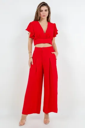 Red 2 Pcs Set Blouse And Pants