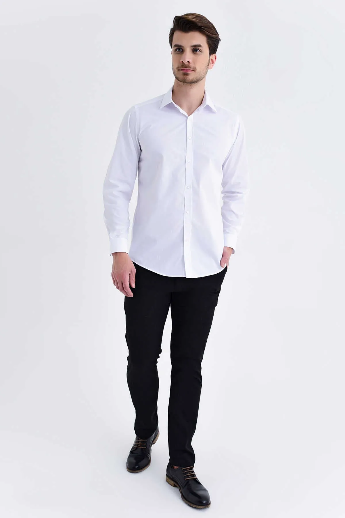 Regular Fit Plain Cotton Blend Dress Shirt, White