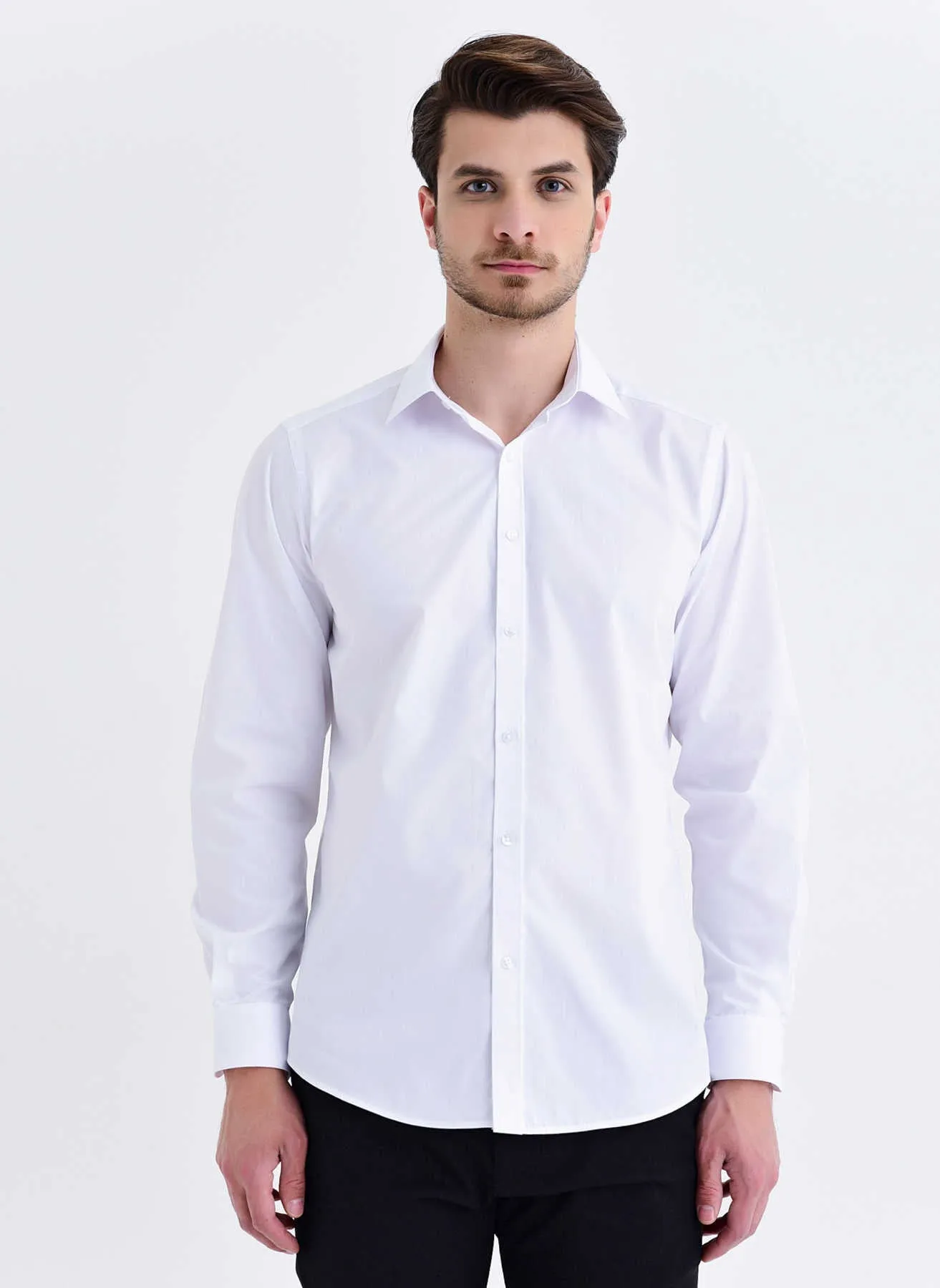 Regular Fit Plain Cotton Blend Dress Shirt, White