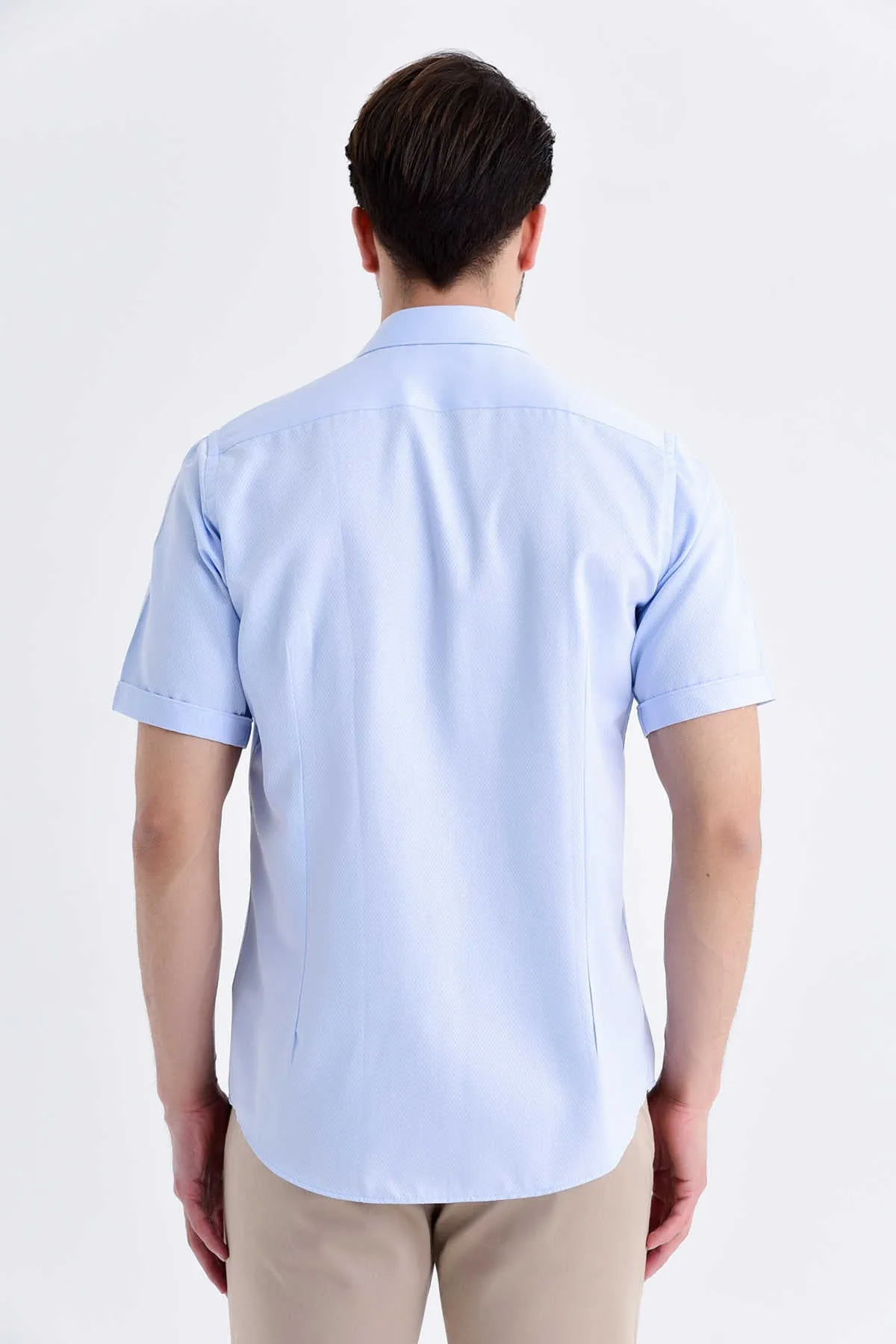 Regular Fit Short Sleeve Patterned Cotton Blend Dress Shirt, Ice Blue D.