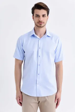 Regular Fit Short Sleeve Patterned Cotton Blend Dress Shirt, Ice Blue D.