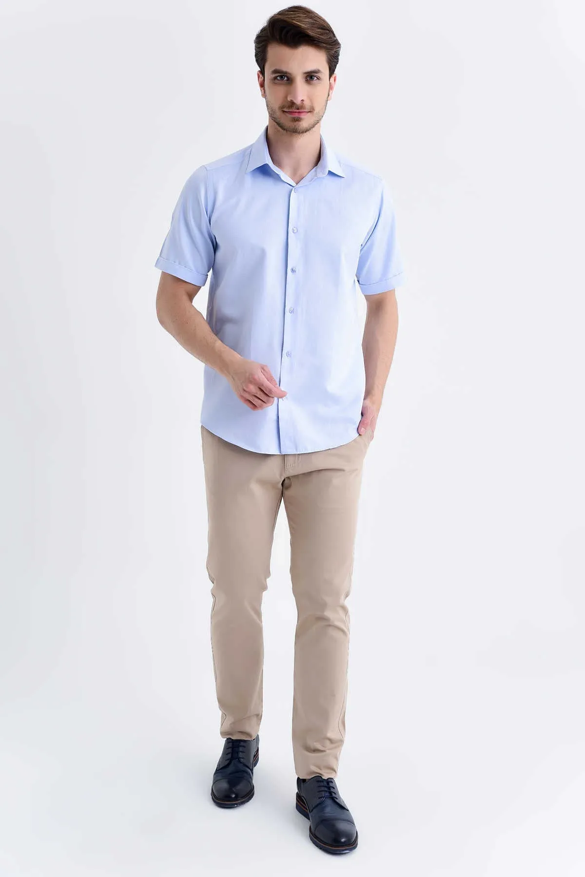 Regular Fit Short Sleeve Patterned Cotton Blend Dress Shirt, Ice Blue D.